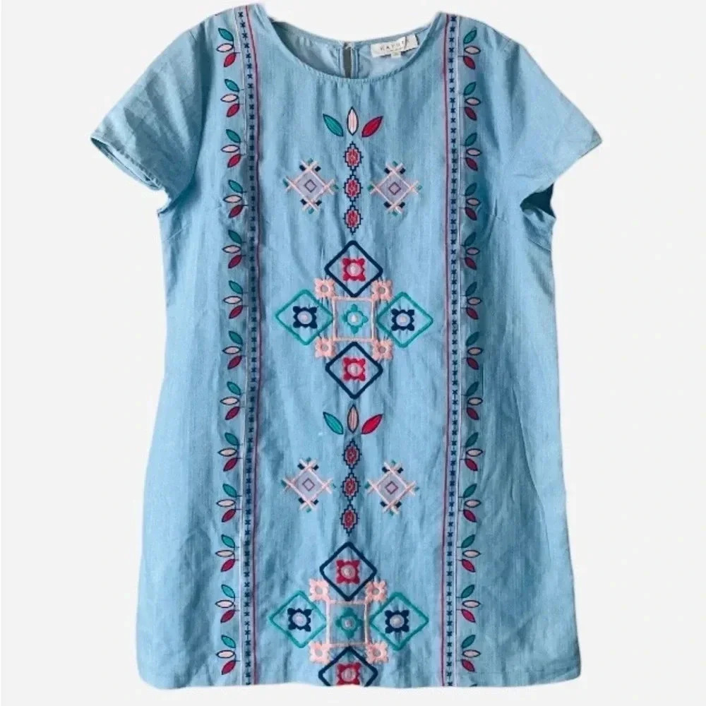 HAYDEN | Embroidered Light Denim Stitch Detail Shift Dress Size L